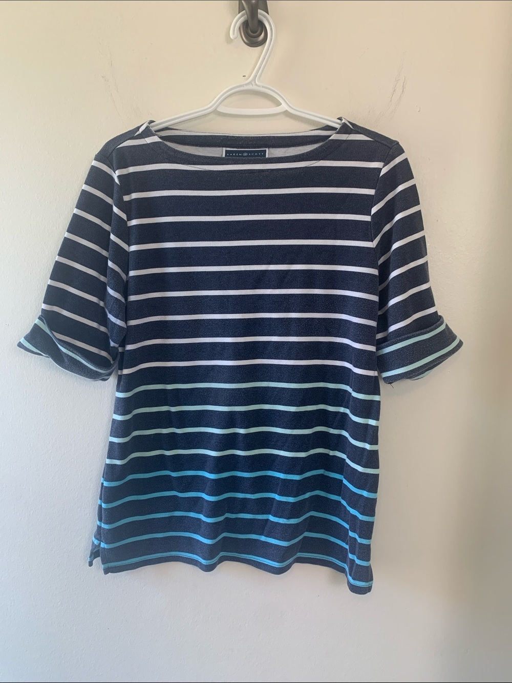 Talbots Navy White Aqua Striped Nautical Short Sleeve Top